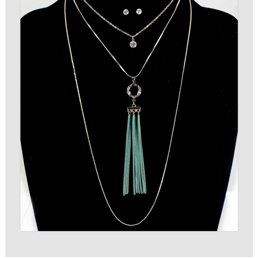 Necklace Earrings Crystal Gold Turquoise Layered Chain Tassel 15.5"-18"L Women
